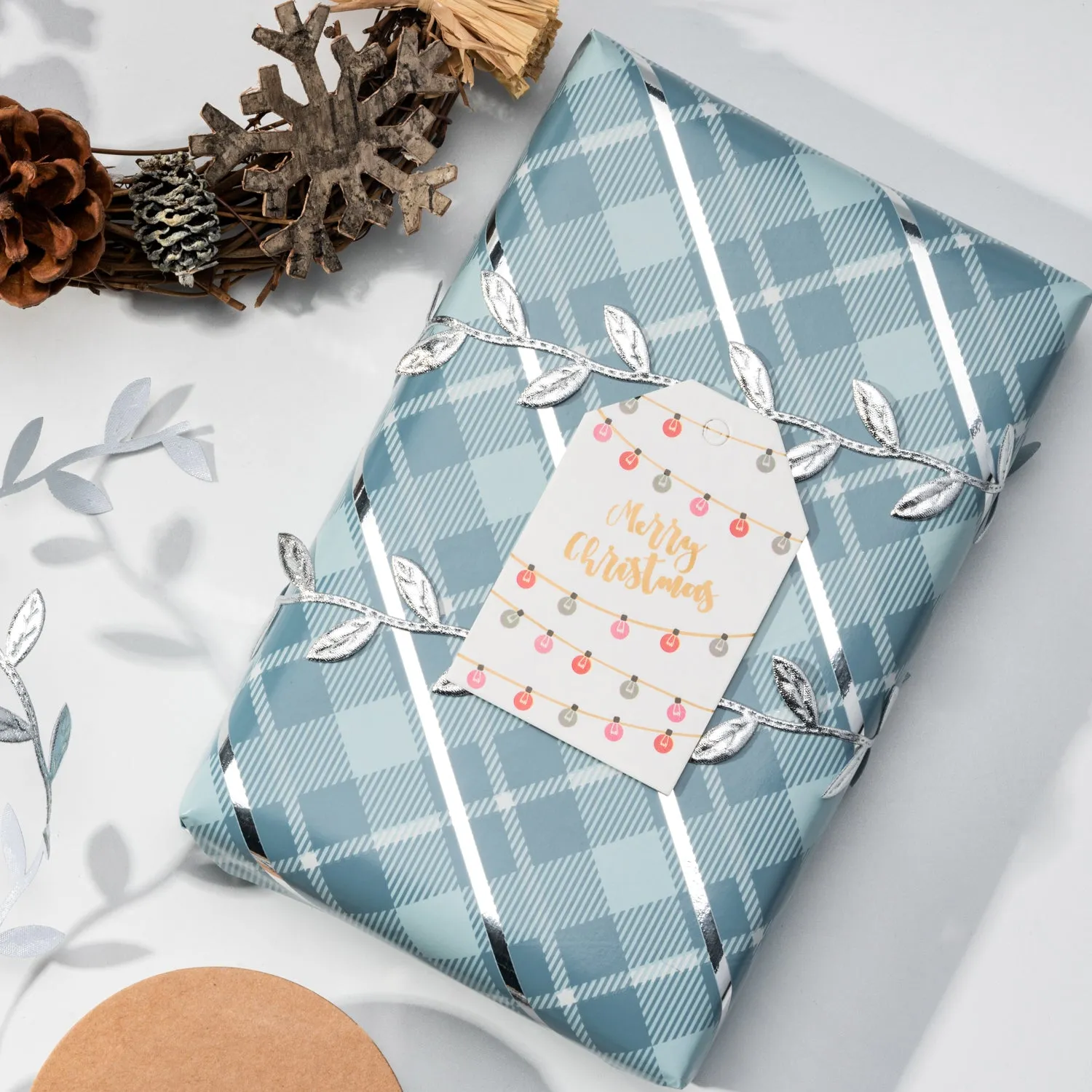 Blue Grid Foil Christmas Wrapping Paper Roll
