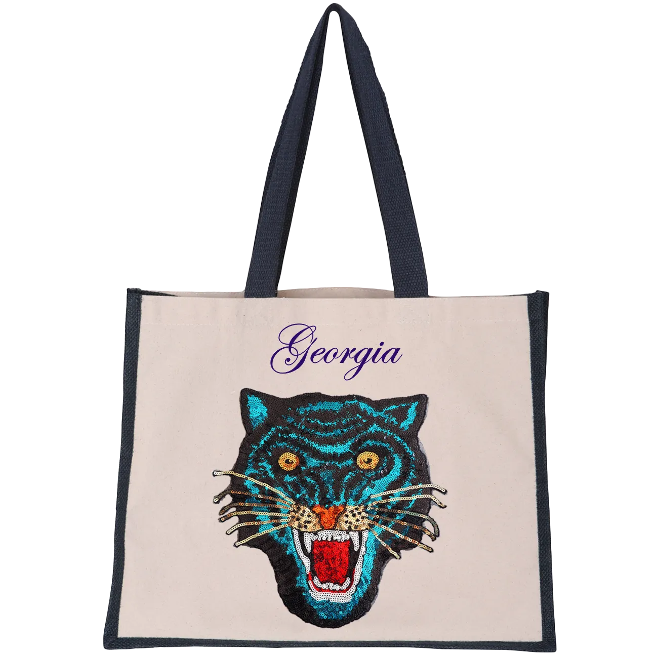 Blue Sequin Tiger Midi Tote Bag