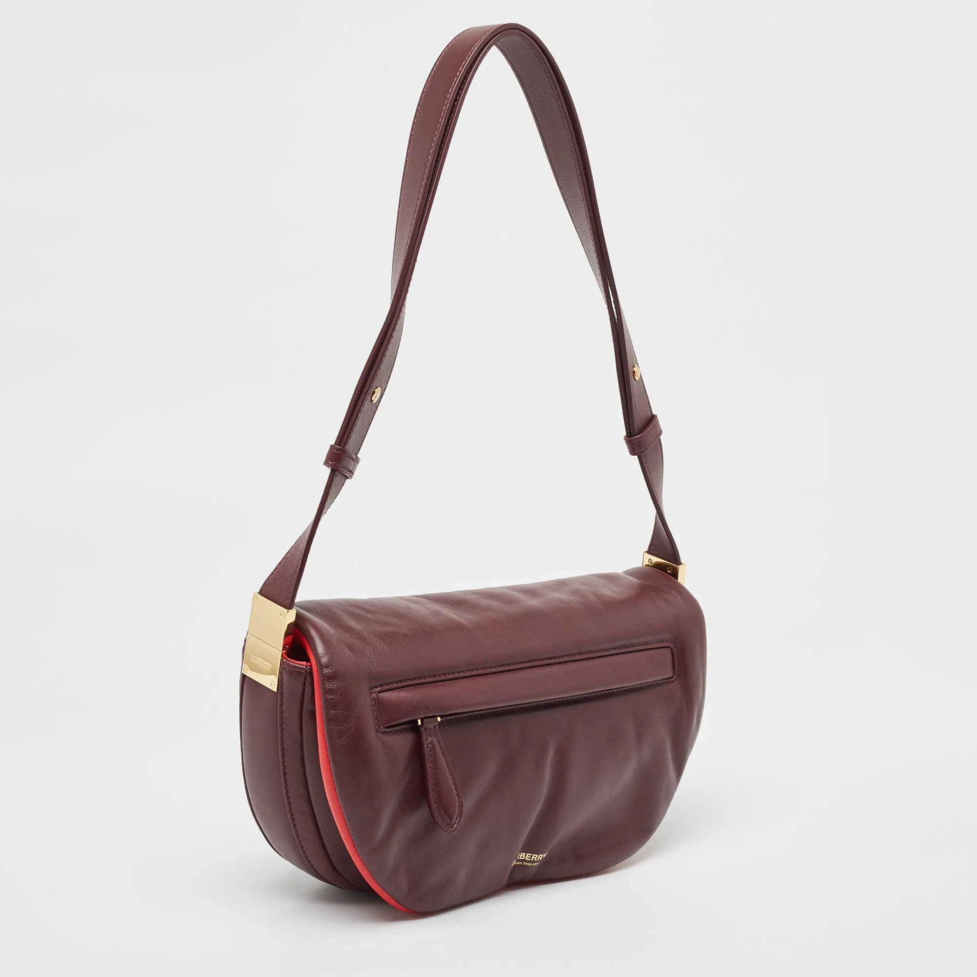 BURBERRY Maroon Leather Small Olympia Shoulder Bag