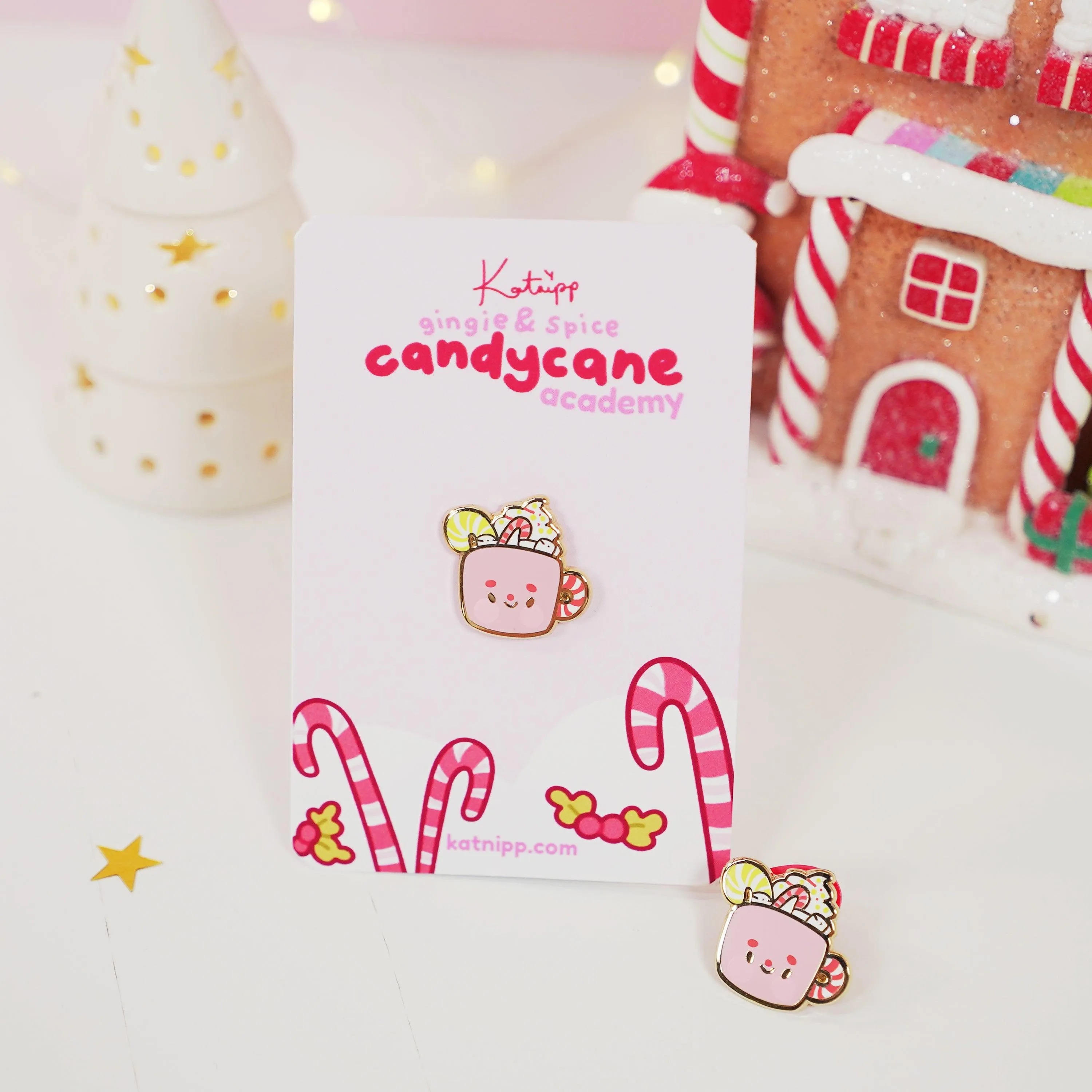 Cosy Hot Chocolate Enamel Pin | Candy Cane Christmas Accessory | Cute Festive Hard Enamel Pin | Katnipp Studios