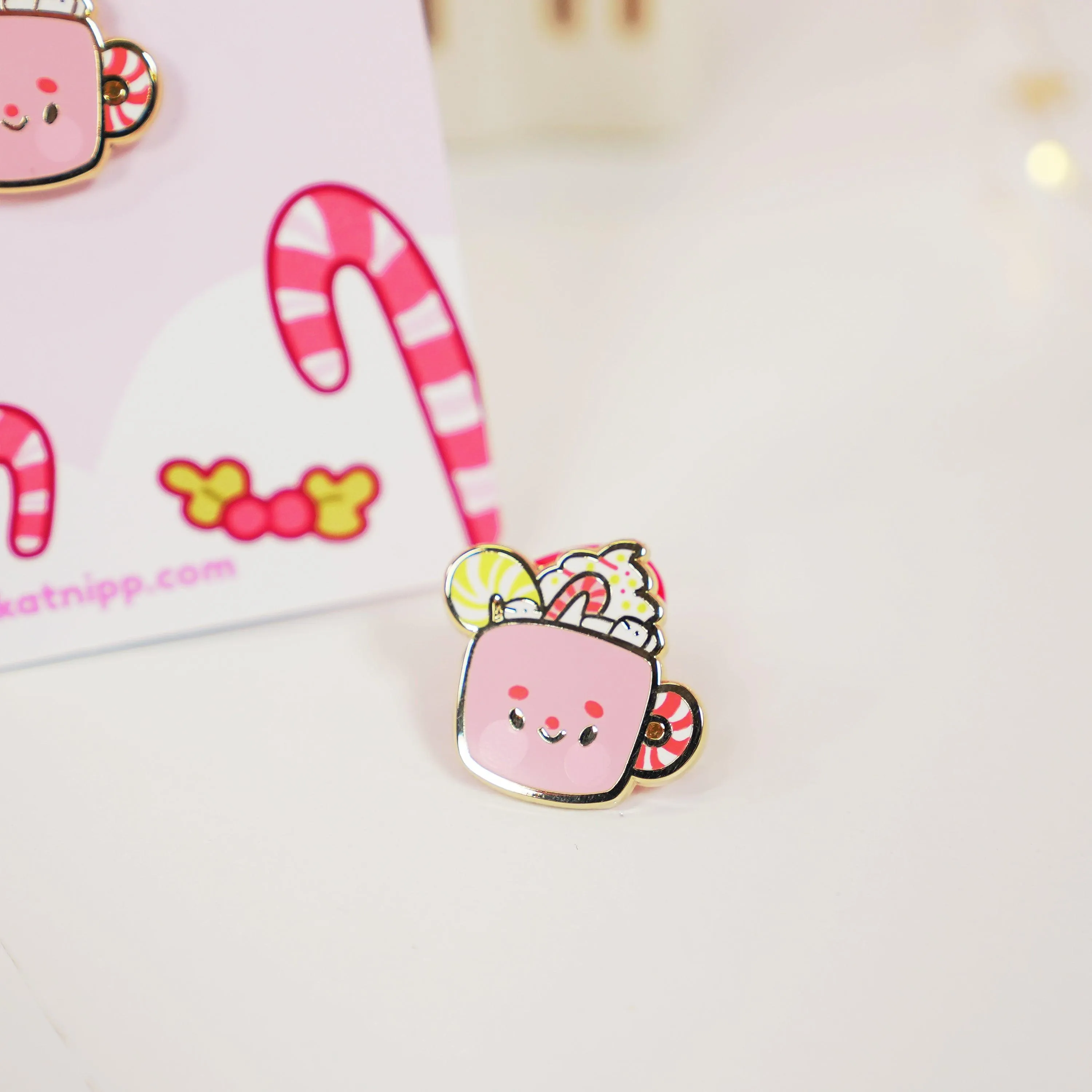 Cosy Hot Chocolate Enamel Pin | Candy Cane Christmas Accessory | Cute Festive Hard Enamel Pin | Katnipp Studios