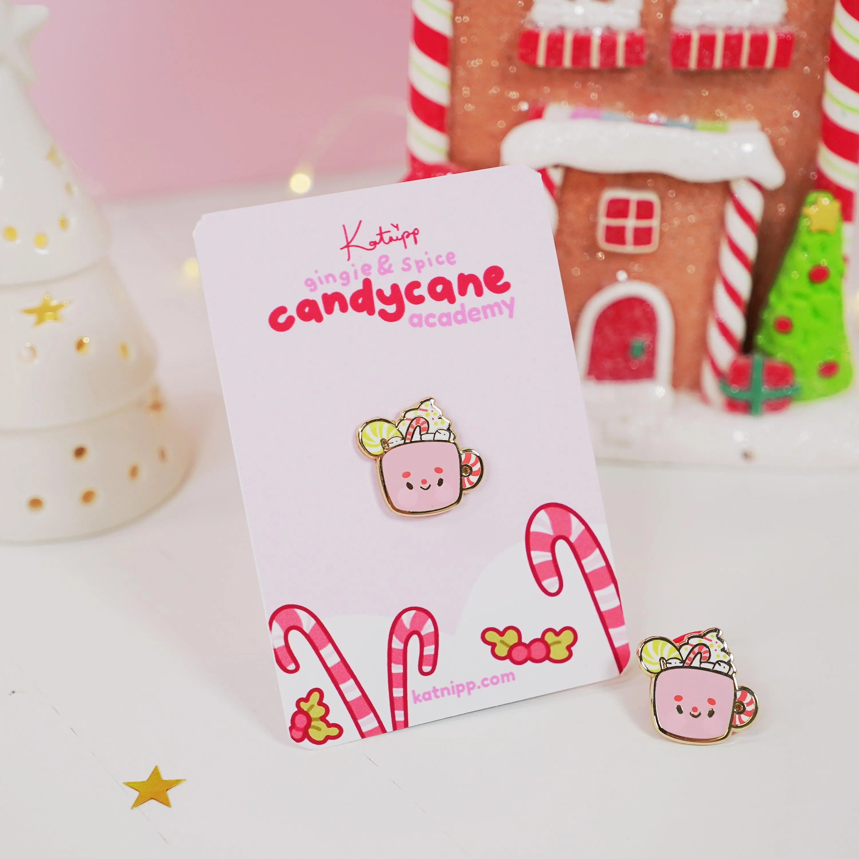 Cosy Hot Chocolate Enamel Pin | Candy Cane Christmas Accessory | Cute Festive Hard Enamel Pin | Katnipp Studios