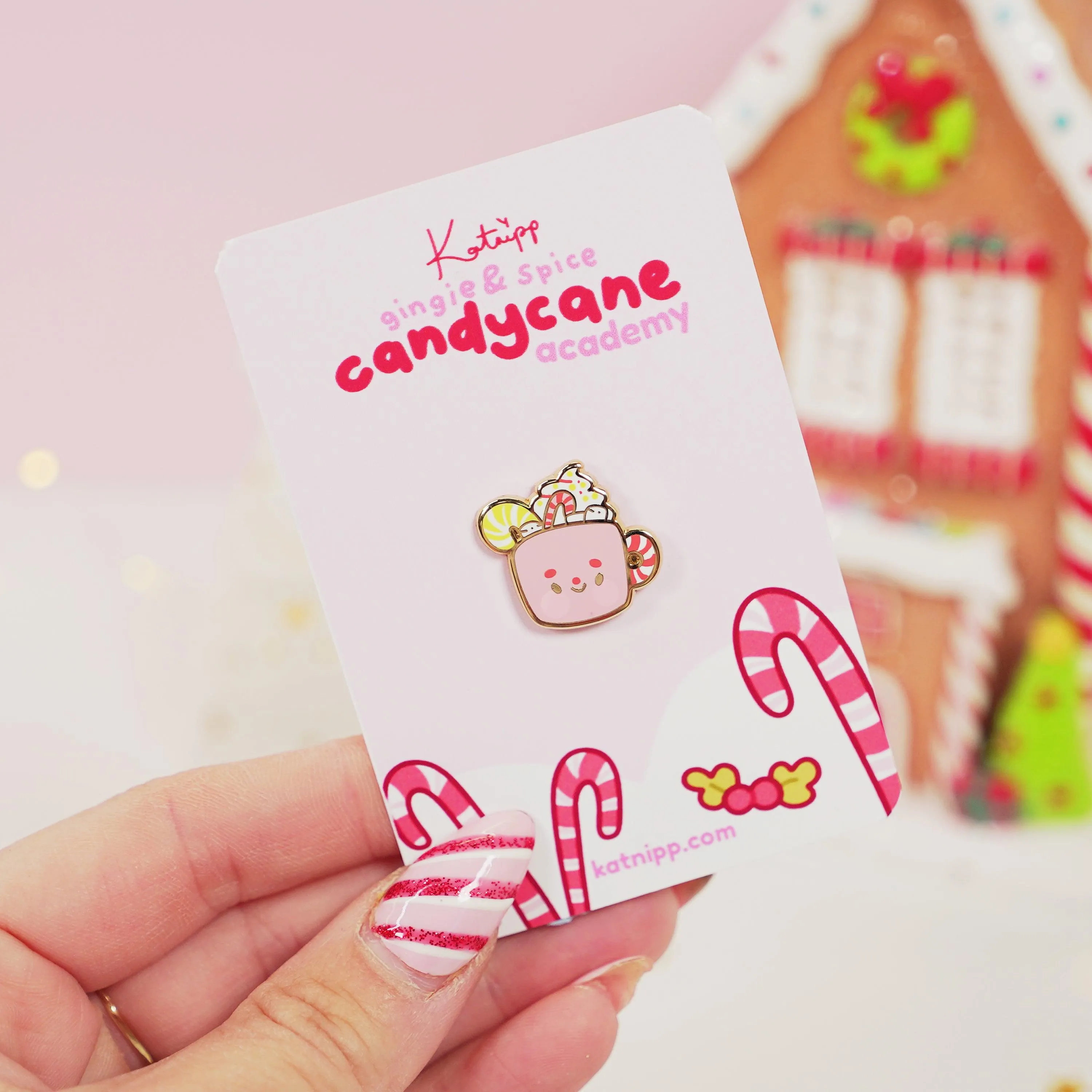 Cosy Hot Chocolate Enamel Pin | Candy Cane Christmas Accessory | Cute Festive Hard Enamel Pin | Katnipp Studios