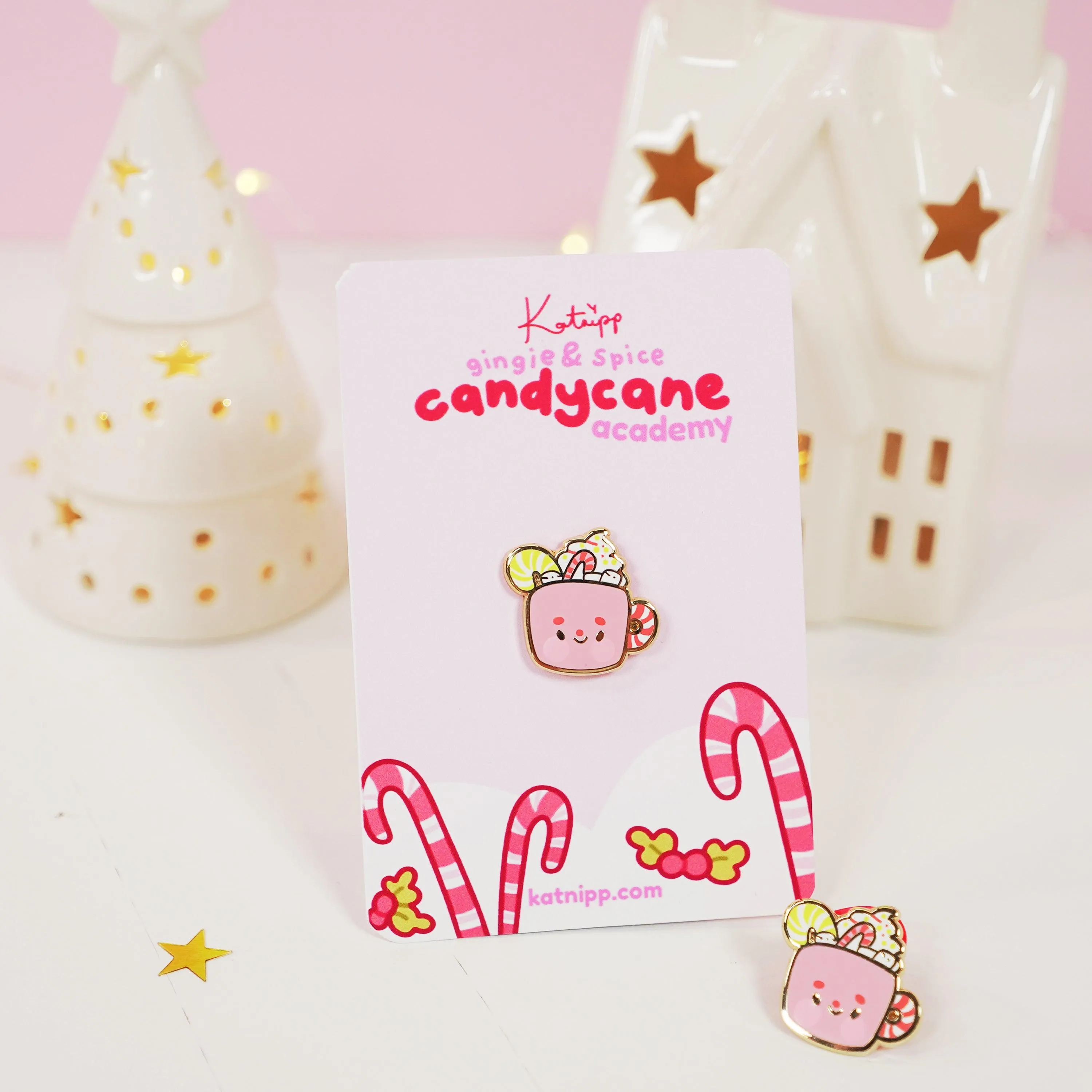 Cosy Hot Chocolate Enamel Pin | Candy Cane Christmas Accessory | Cute Festive Hard Enamel Pin | Katnipp Studios