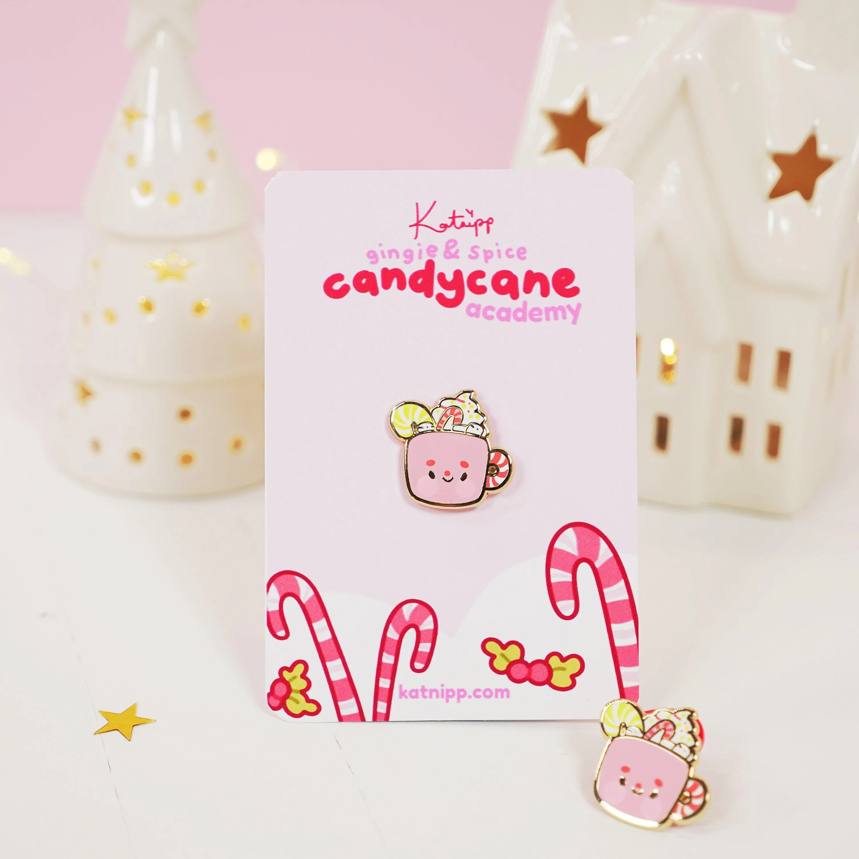 Cosy Hot Chocolate Enamel Pin | Candy Cane Christmas Accessory | Cute Festive Hard Enamel Pin | Katnipp Studios