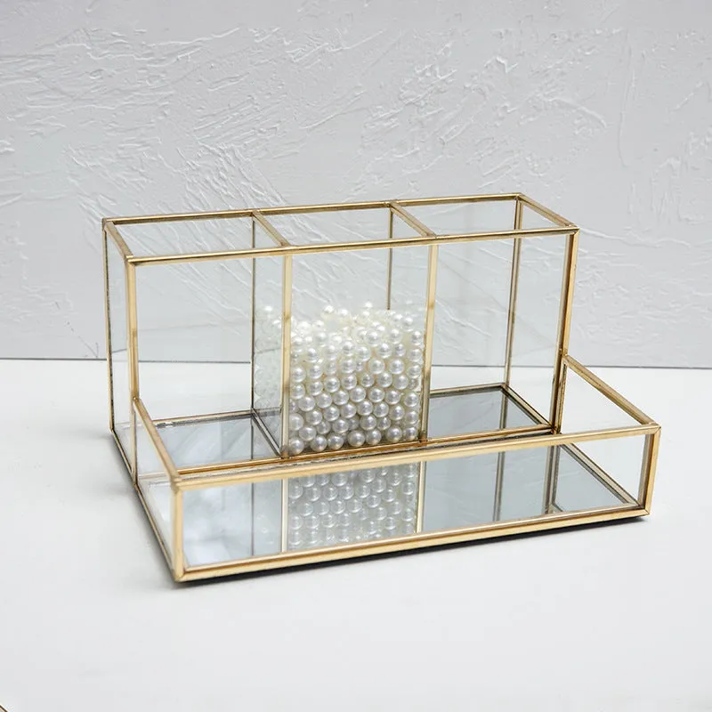 Glass Makeup Organizer with Golden Accents – Elegant Bathroom Cosmetic Storage for a Luxe, Clutter-Free Vanity