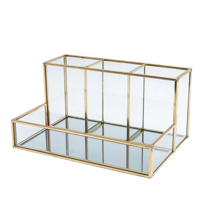 Glass Makeup Organizer with Golden Accents – Elegant Bathroom Cosmetic Storage for a Luxe, Clutter-Free Vanity