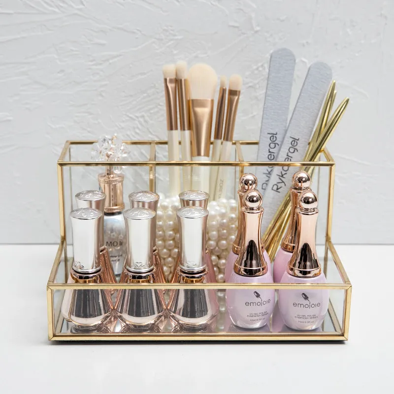 Glass Makeup Organizer with Golden Accents – Elegant Bathroom Cosmetic Storage for a Luxe, Clutter-Free Vanity