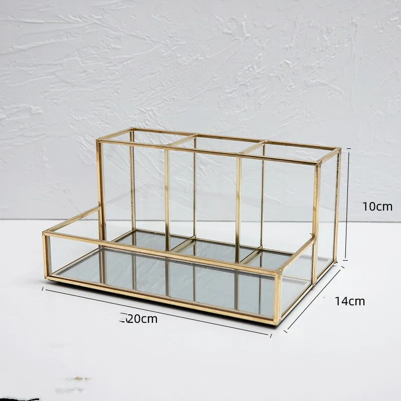 Glass Makeup Organizer with Golden Accents – Elegant Bathroom Cosmetic Storage for a Luxe, Clutter-Free Vanity