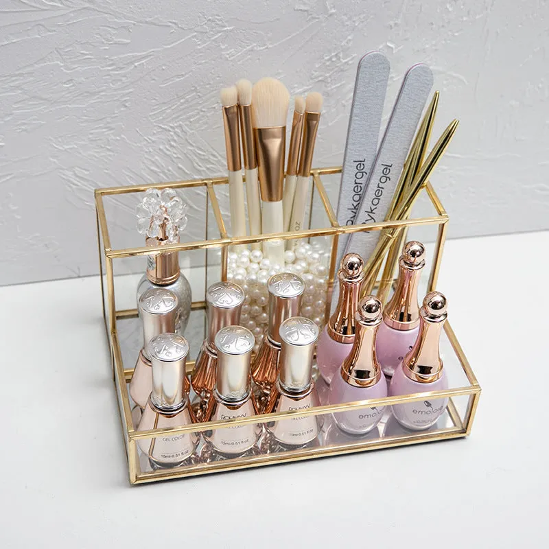 Glass Makeup Organizer with Golden Accents – Elegant Bathroom Cosmetic Storage for a Luxe, Clutter-Free Vanity