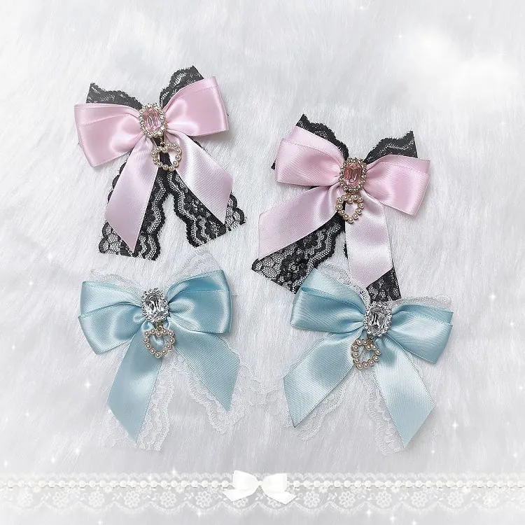 Jirai Kei Beaded Heart Charm Rhinestone Adorned Bwoknot Hairclips