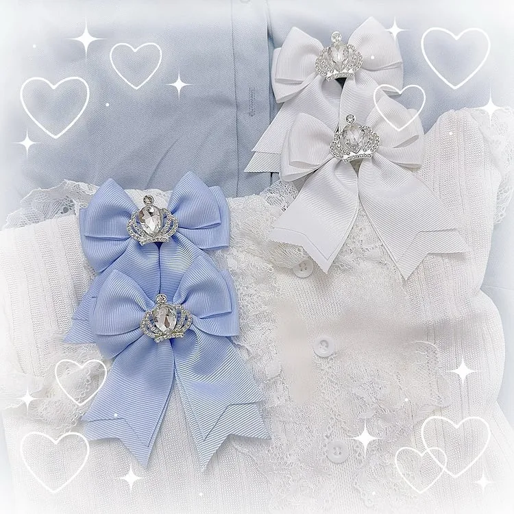 Jirai Kei Blue White Rhinestone Crown Bowknot Hairclips