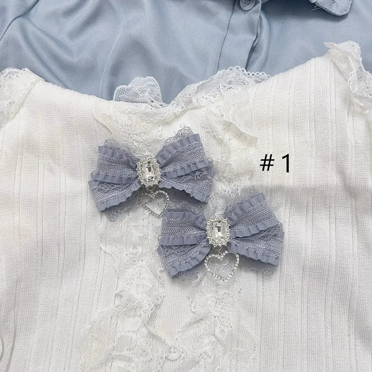 Jirai Kei Dusty Blue Rhinestone with Heart Charm Detail Bowknot Hairclips