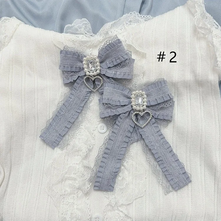 Jirai Kei Dusty Blue Rhinestone with Heart Charm Detail Bowknot Hairclips