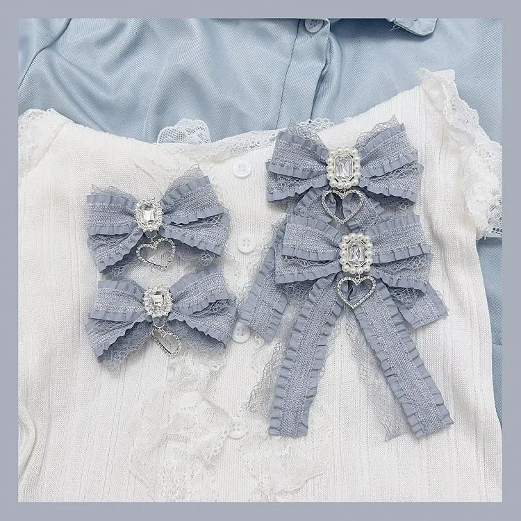 Jirai Kei Dusty Blue Rhinestone with Heart Charm Detail Bowknot Hairclips